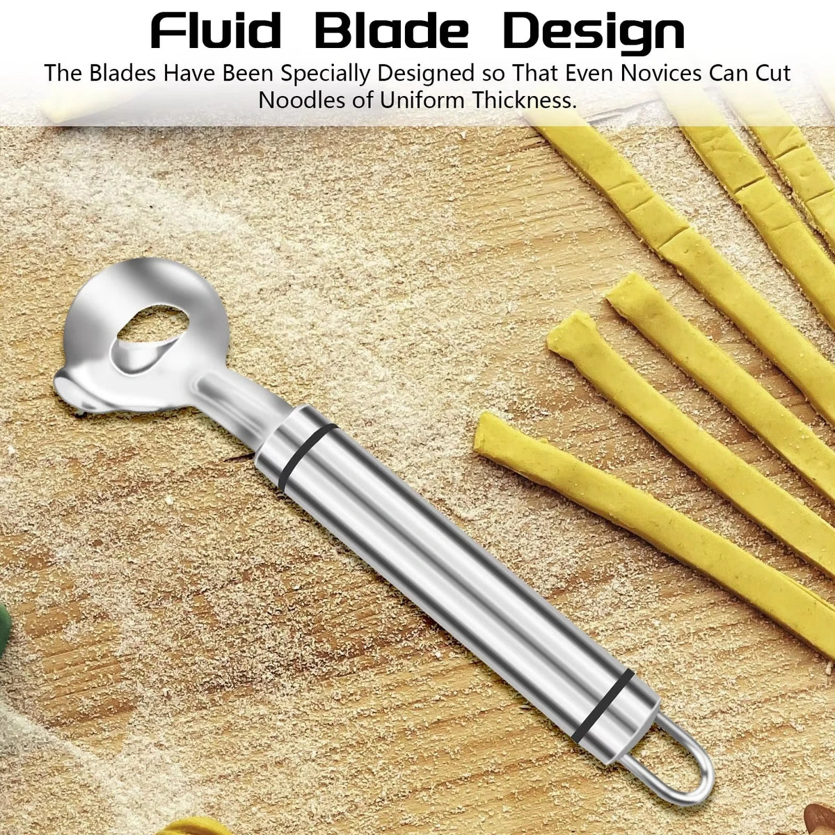 A silver fluid blade design peeler and cutter set is shown next to yellow noodles on a wooden surface.