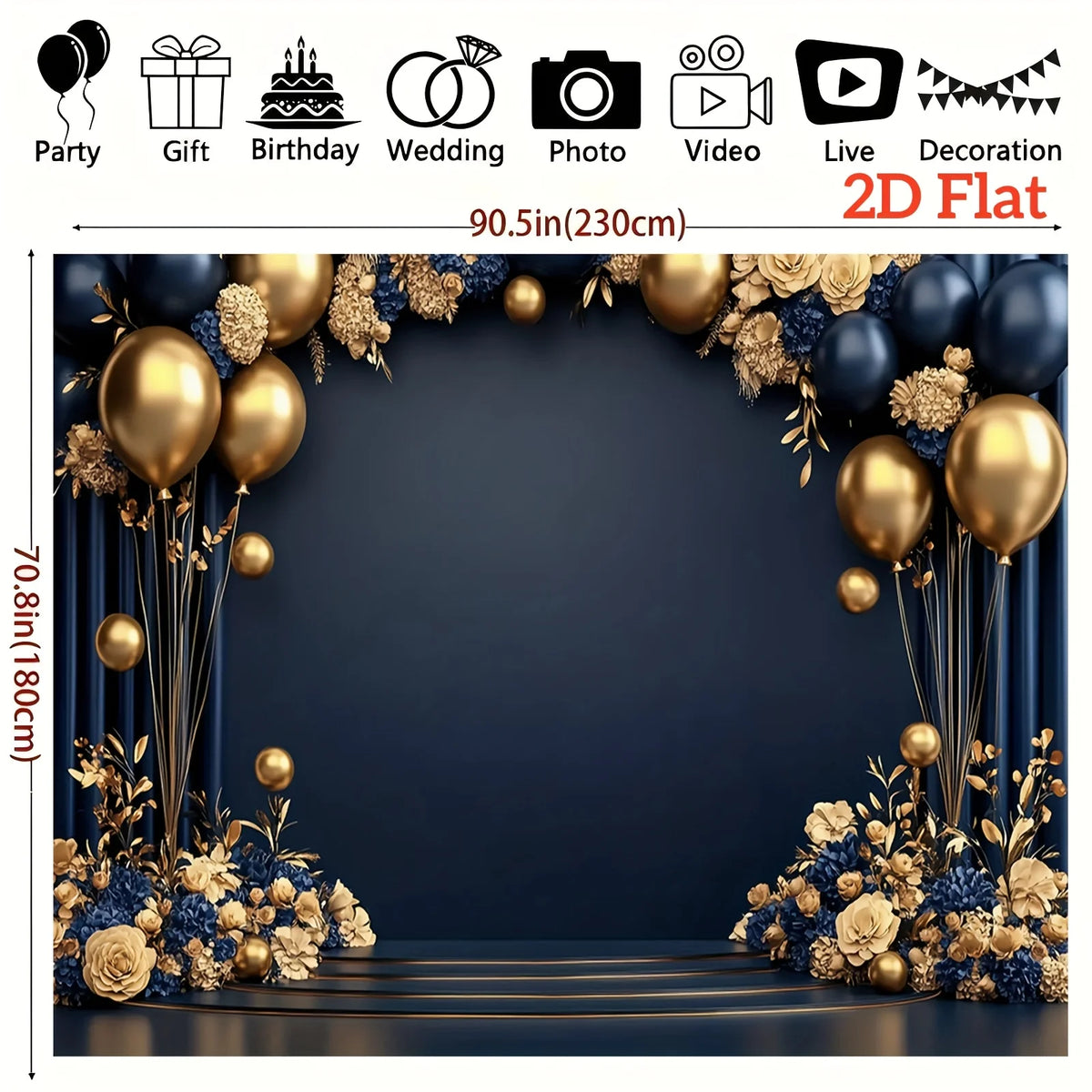 A dark blue and gold floral balloon backdrop design for a party or event.