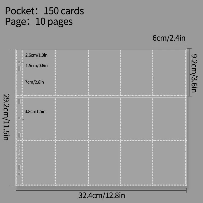 A layout diagram showing a grid of 10 pages, with dimensions for the pocket and page size.