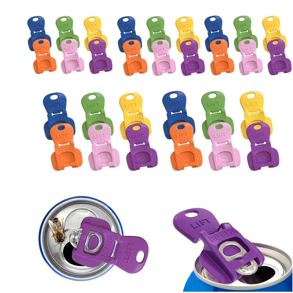 A set of purple and orange portable manual can openers for cans and bottles shown next to a silver can.