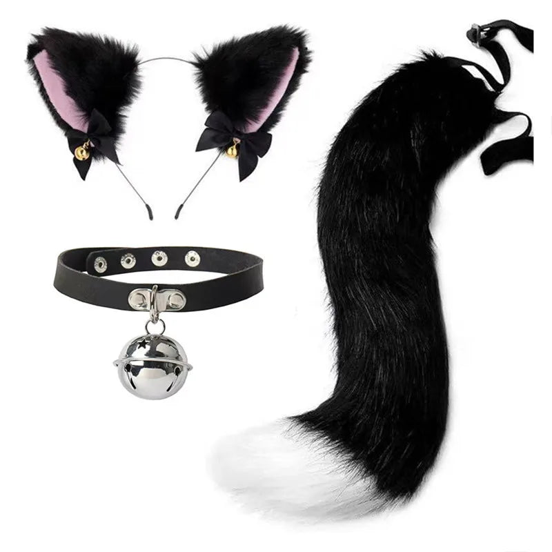 Black furry cat ear headband and tail costume set with a silver charm.