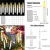 Flameless LED taper candles with remote timer and rubber sleeves shown in various orientations.