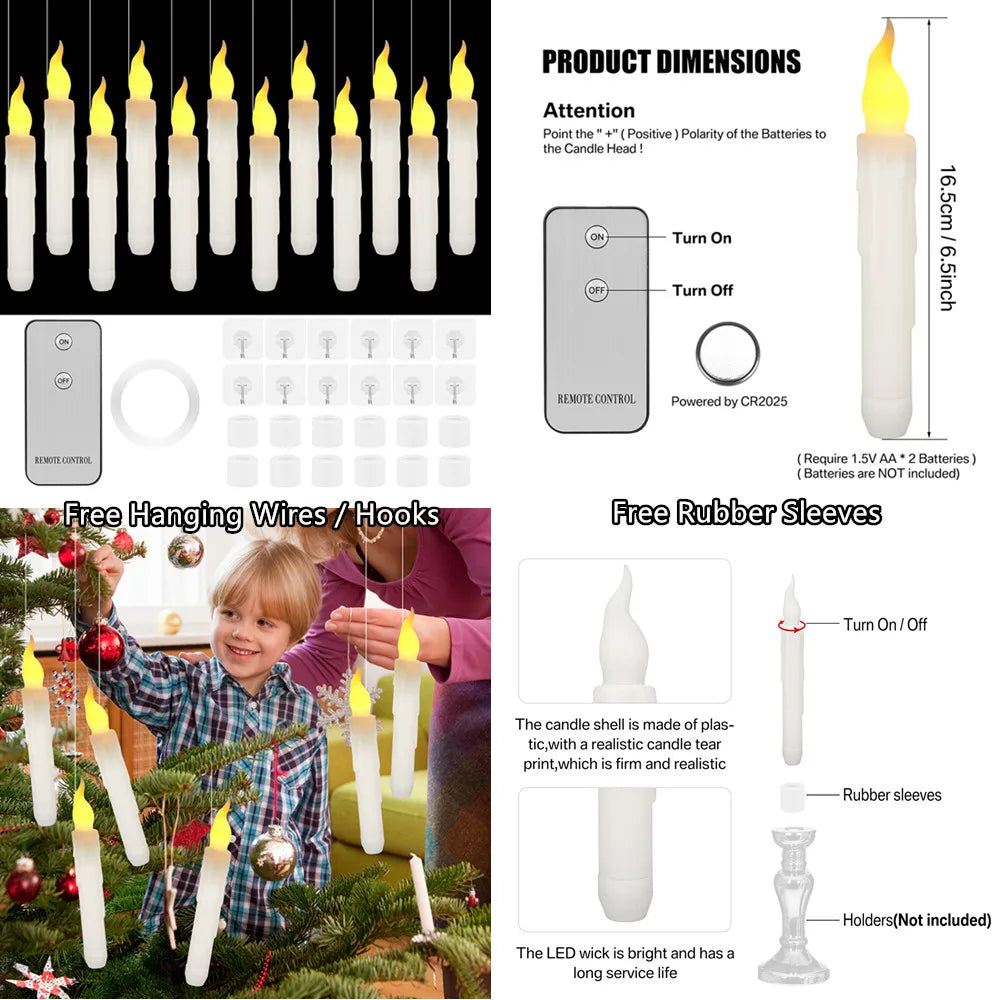 Flameless LED taper candles with remote timer and rubber sleeves shown in various orientations.