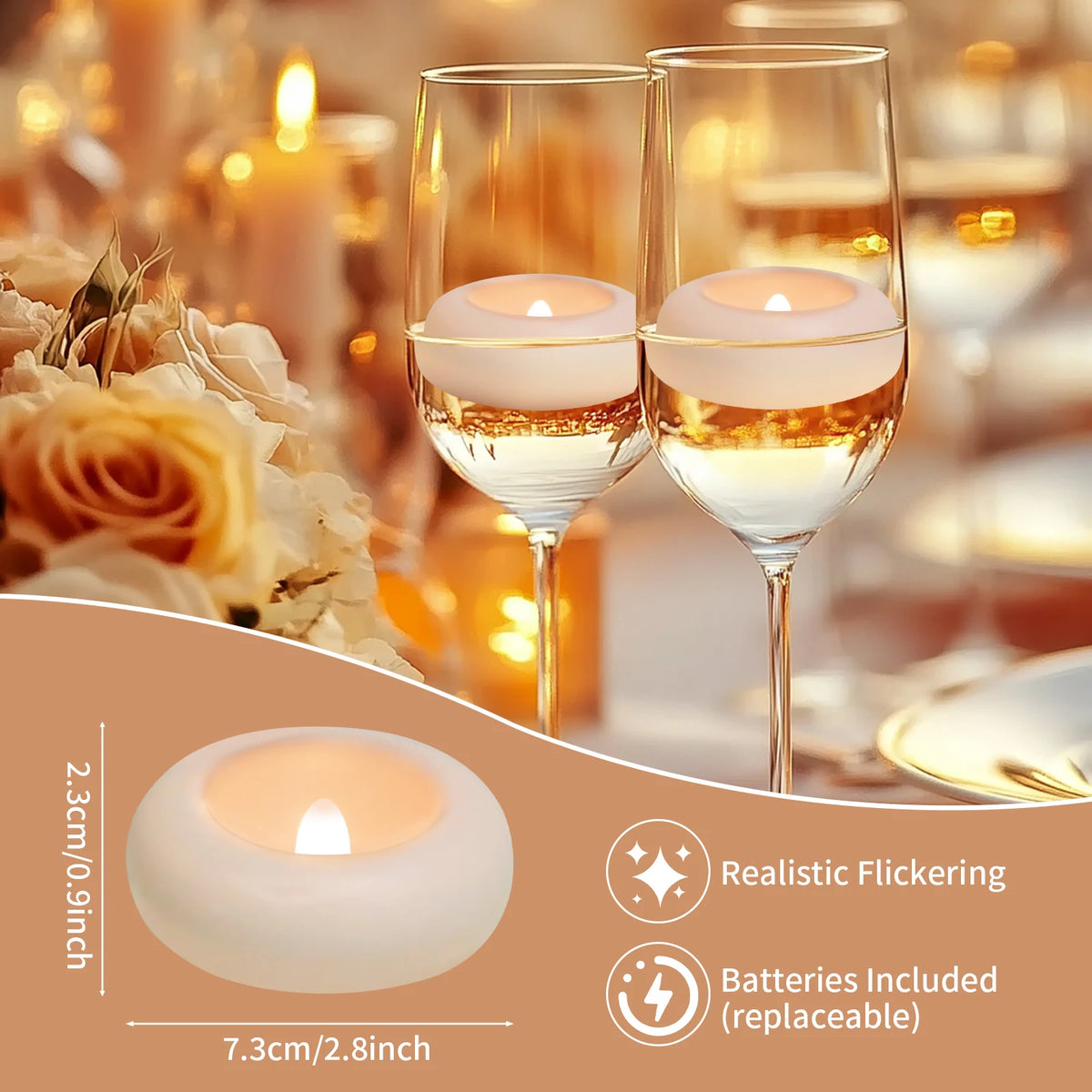 A pair of realistic flickering floating LED candles in a glass holder with a warm white glow.