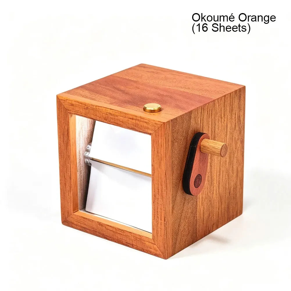 A wooden hand-crank flip photo frame with an LED light, made of orange wood.