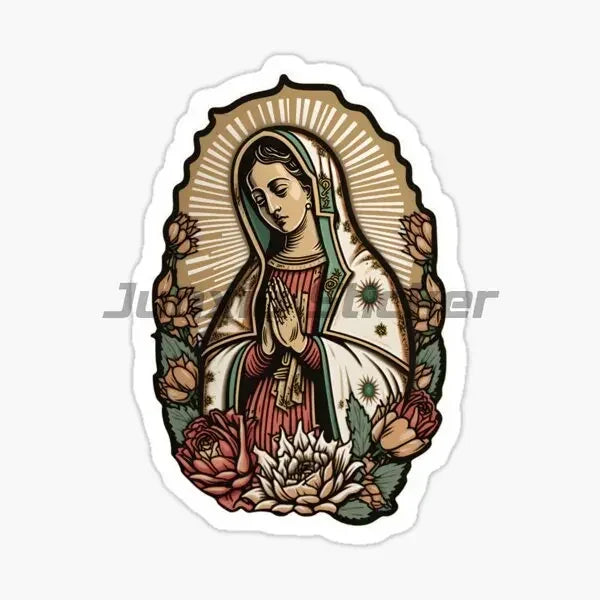 A decal sticker set featuring an image of the Virgin Mary with a halo and rays of light.