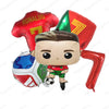 A set of football-themed birthday balloons featuring a soccer player figure and red, green, and gold balloons.