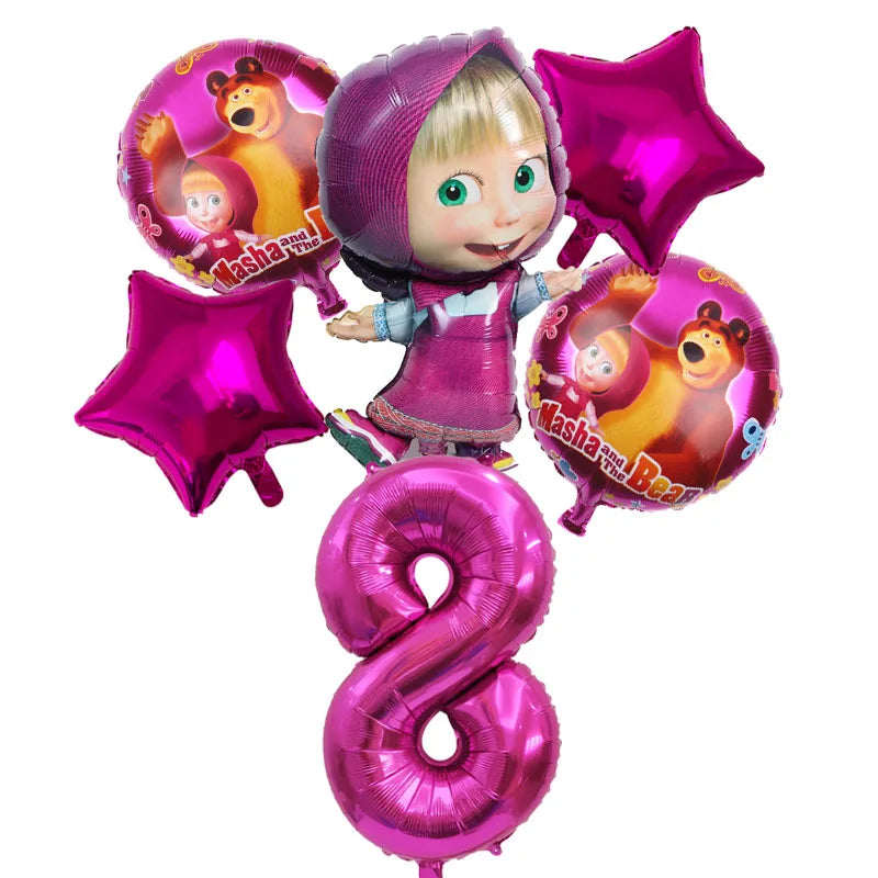 A set of six pink foil balloons featuring characters from Masha and the Bear