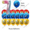 A set of 18 balloons featuring a blue and black monster design for a happy birthday celebration