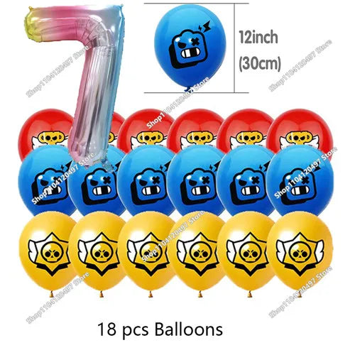 A set of 18 balloons featuring a blue and black monster design for a happy birthday celebration