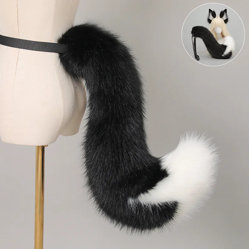 A black faux fur fox tail and ear costume set displayed on a mannequin.