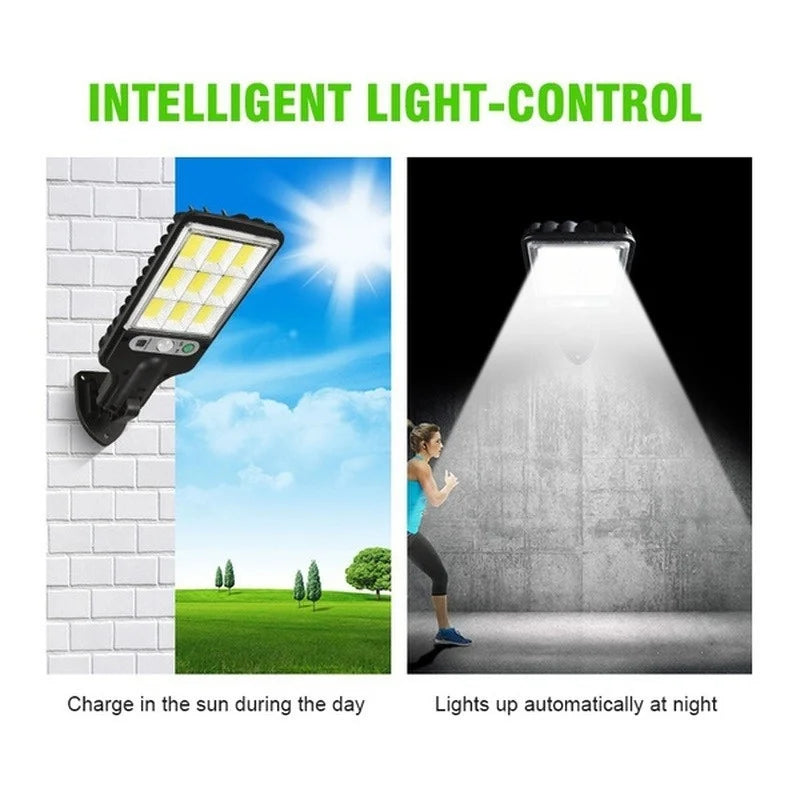 A solar powered light fixture is shown illuminating a wall, demonstrating intelligent light control.