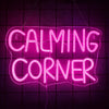 A neon sign spelling out CALMING CORNER in bright pink light against a dark grid background.