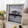 A wooden photo frame displaying a black silhouette of a tree against a cloudy sky and a flat landscape.