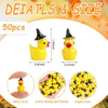 A set of 50 miniature yellow resin duck figures in various sizes and a bright yellow resin material.