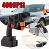 A black high-pressure cleaning gun is shown next to a car, demonstrating its use for cleaning vehicle surfaces.