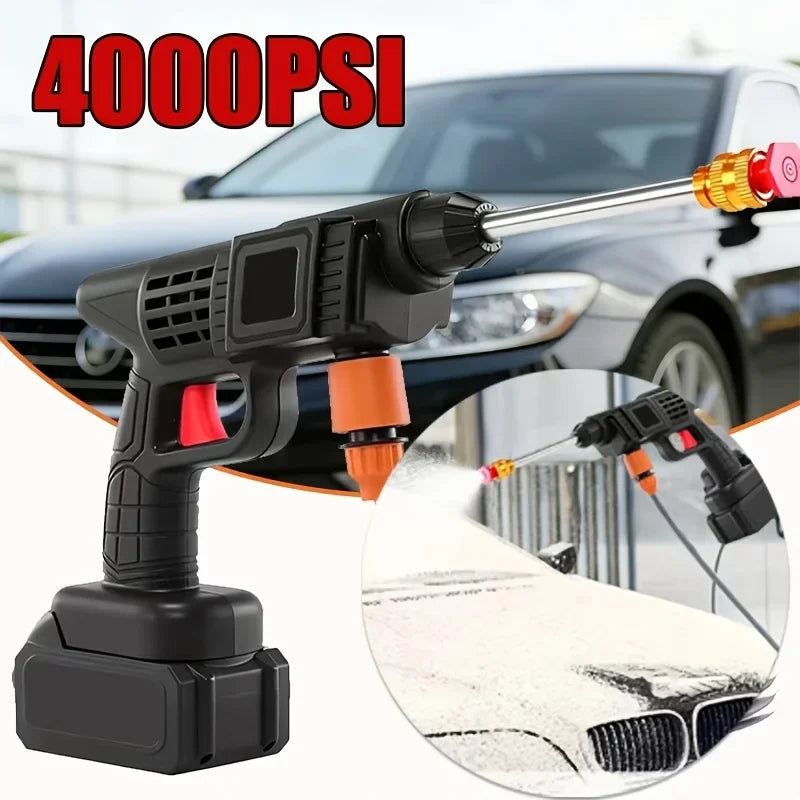 A black high-pressure cleaning gun is shown next to a car, demonstrating its use for cleaning vehicle surfaces.