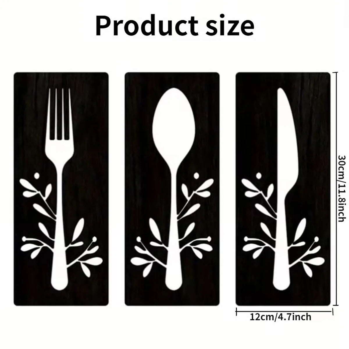 Set of three wooden utensils including a fork, spoon, and knife displayed as wall decor