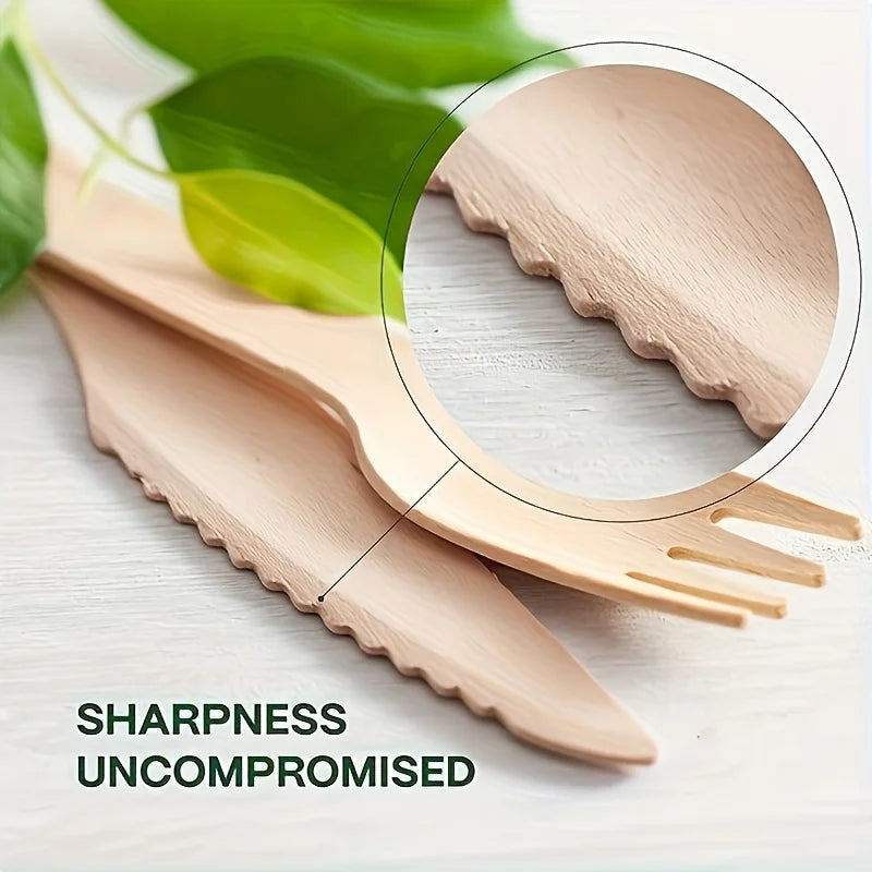 A wooden cutlery set featuring a knife and fork, emphasizing sharp edges for an event or catering use.