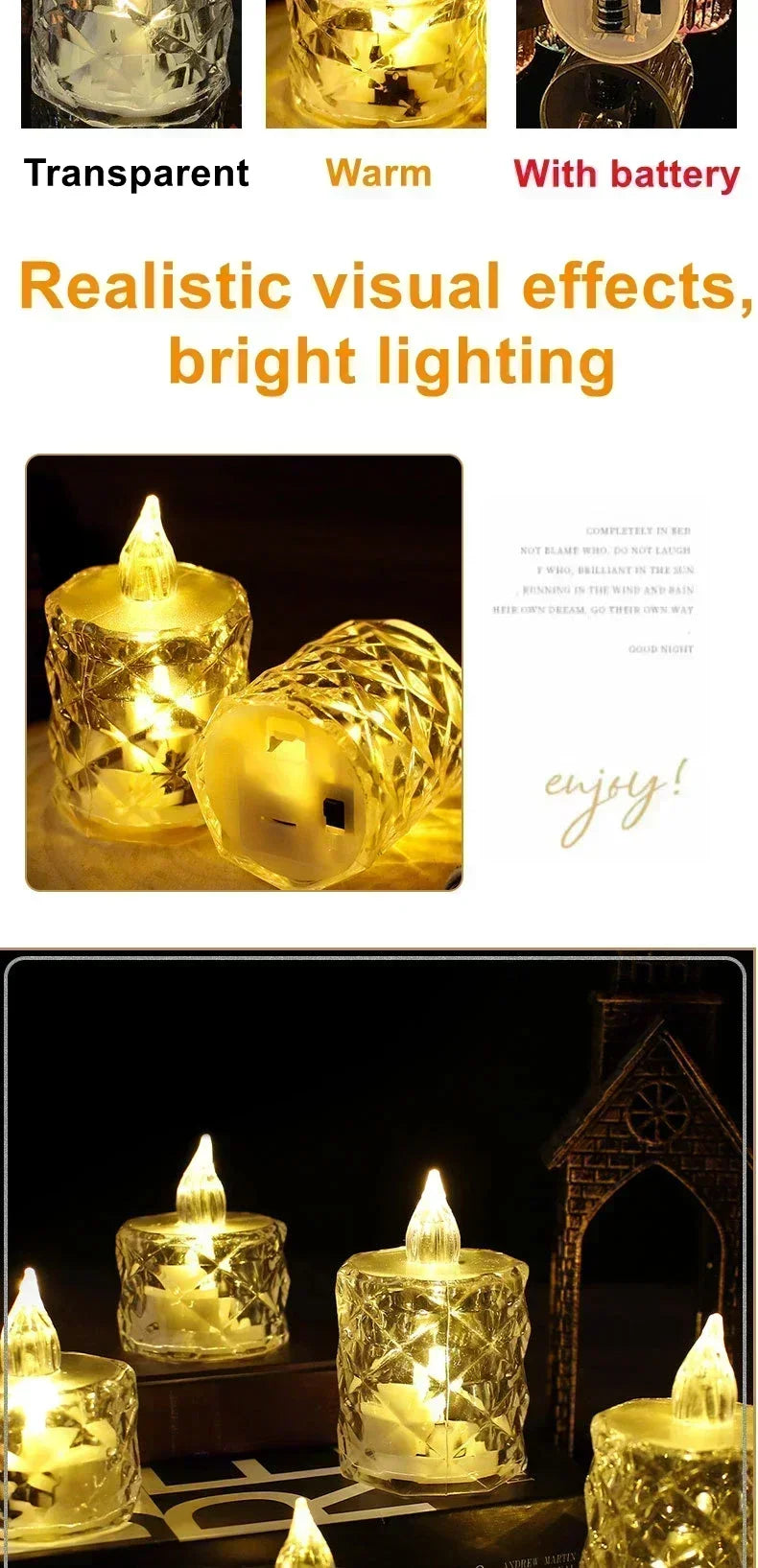 A close-up of several clear crystal LED candles glowing with a warm, realistic flickering light.