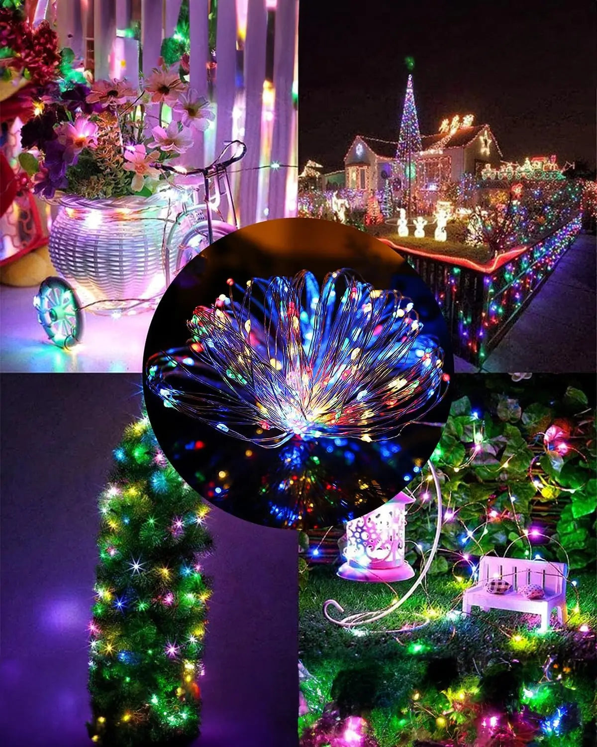 A festive display of fairy string lights illuminating a garden scene, including a Christmas tree and decorative elements.