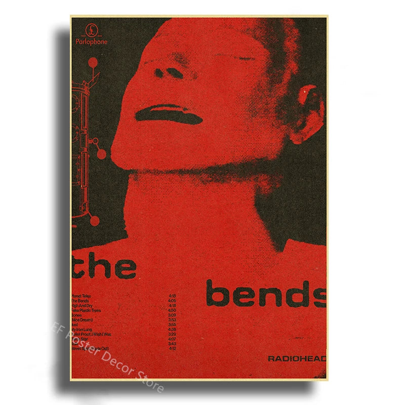 Red album art poster for Radiohead featuring a close-up portrait of a person.