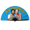 A folding fan design featuring two people making a sign for creativity