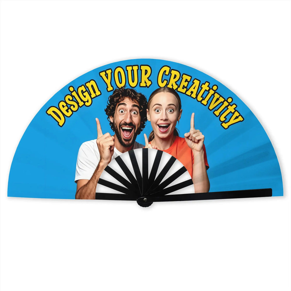 A folding fan design featuring two people making a sign for creativity