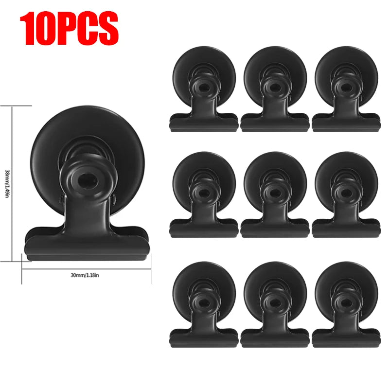 Ten black heavy duty fridge magnetic clips shown in various angles and sizes.