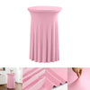 A pink stretch spandex cocktail tablecloth with a pleated skirt shown in various angles.