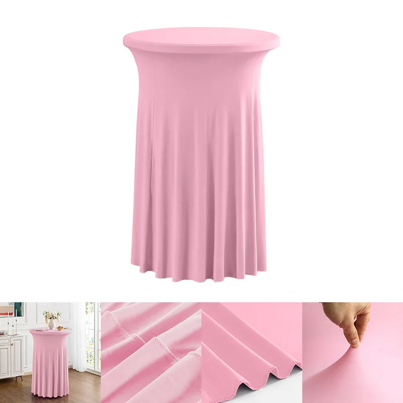 A pink stretch spandex cocktail tablecloth with a pleated skirt shown in various angles.