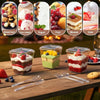 A display of various desserts like ice cream, yogurt, fruit, mousse, and cake in clear plastic cups with lids and spoons.