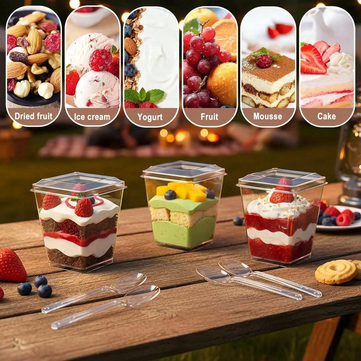 A display of various desserts like ice cream, yogurt, fruit, mousse, and cake in clear plastic cups with lids and spoons.