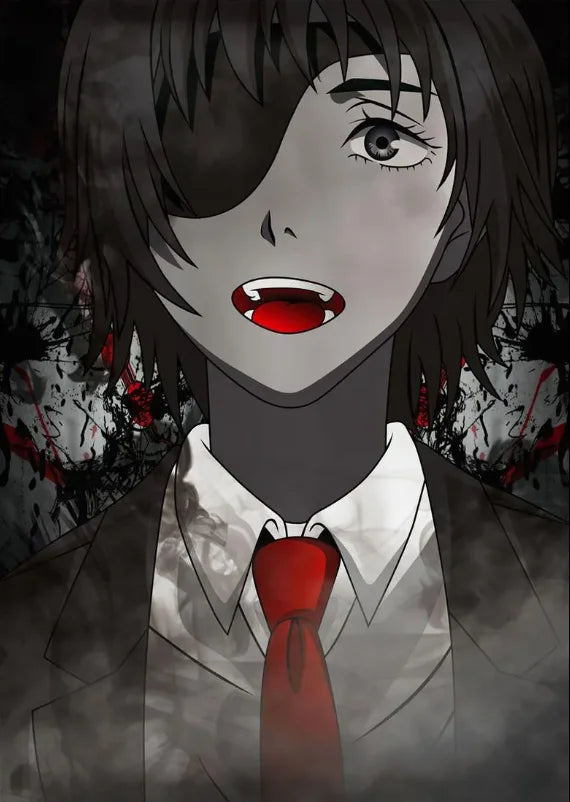 Anime character portrait of a young man with dark hair and intense eyes wearing a suit and tie.