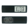 A black rectangular sign with a clear panel displaying the word CLEAN in script and a separate panel displaying the word DIRT