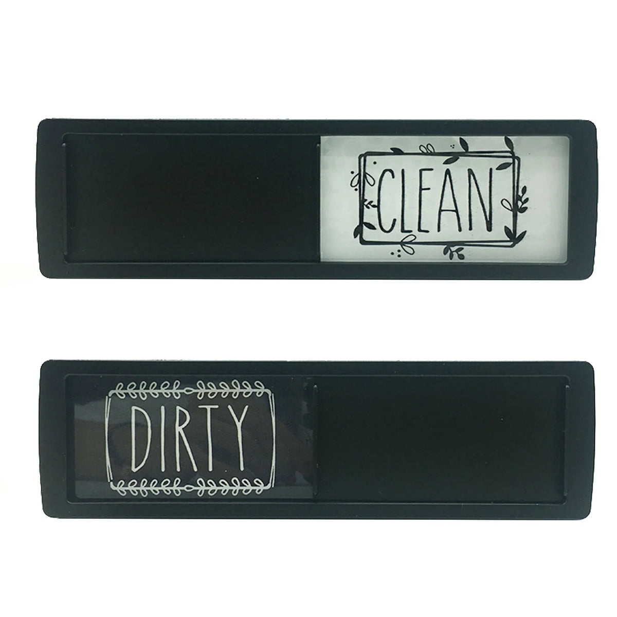 A black rectangular sign with a clear panel displaying the word CLEAN in script and a separate panel displaying the word DIRT
