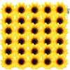 A grid of yellow artificial sunflower heads used for DIY crafts and decor.