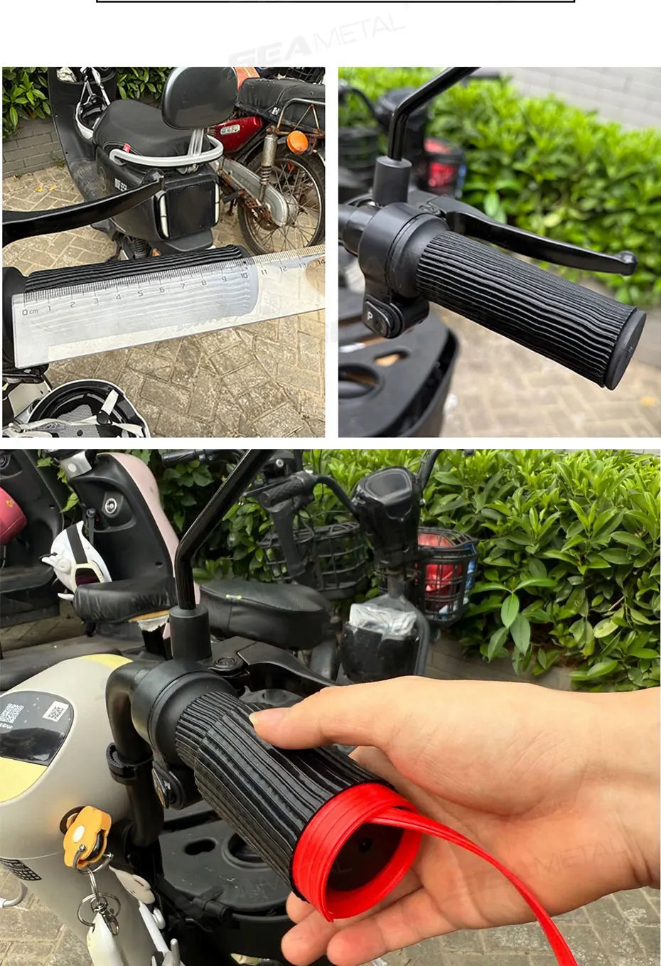 A hand is installing a silicone grip cover onto a motorcycle handlebar.