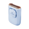 A light blue portable cooling fan with a gold-colored grille and a white control button.
