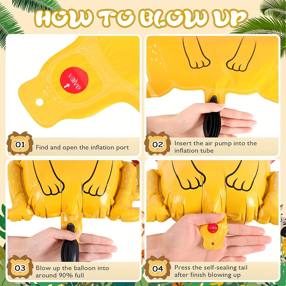 Instructions showing how to blow up a yellow foil balloon using an air pump and self-sealing tail.