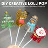 Three DIY creative lollipop paper sticks featuring Christmas tree, reindeer, and snowman designs.