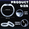 A glowing clear LED flash bracelet is shown with various sizes and a removable connector on a black brick background.