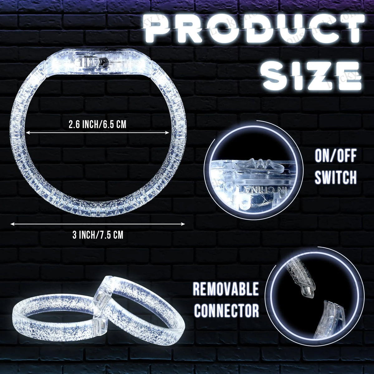 A glowing clear LED flash bracelet is shown with various sizes and a removable connector on a black brick background.