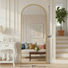 A full length body mirror with a gold aluminum frame reflecting a room interior and a potted plant.