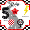 A set of nine foil balloons including the number five, a star, and various racing themed shapes for a birthday party decorati