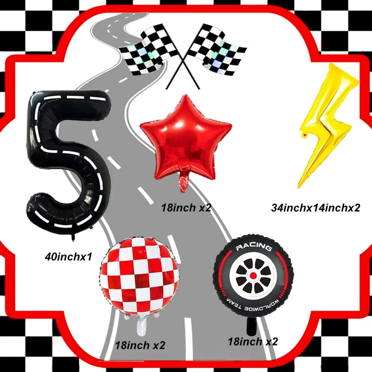 A set of nine foil balloons including the number five, a star, and various racing themed shapes for a birthday party decorati