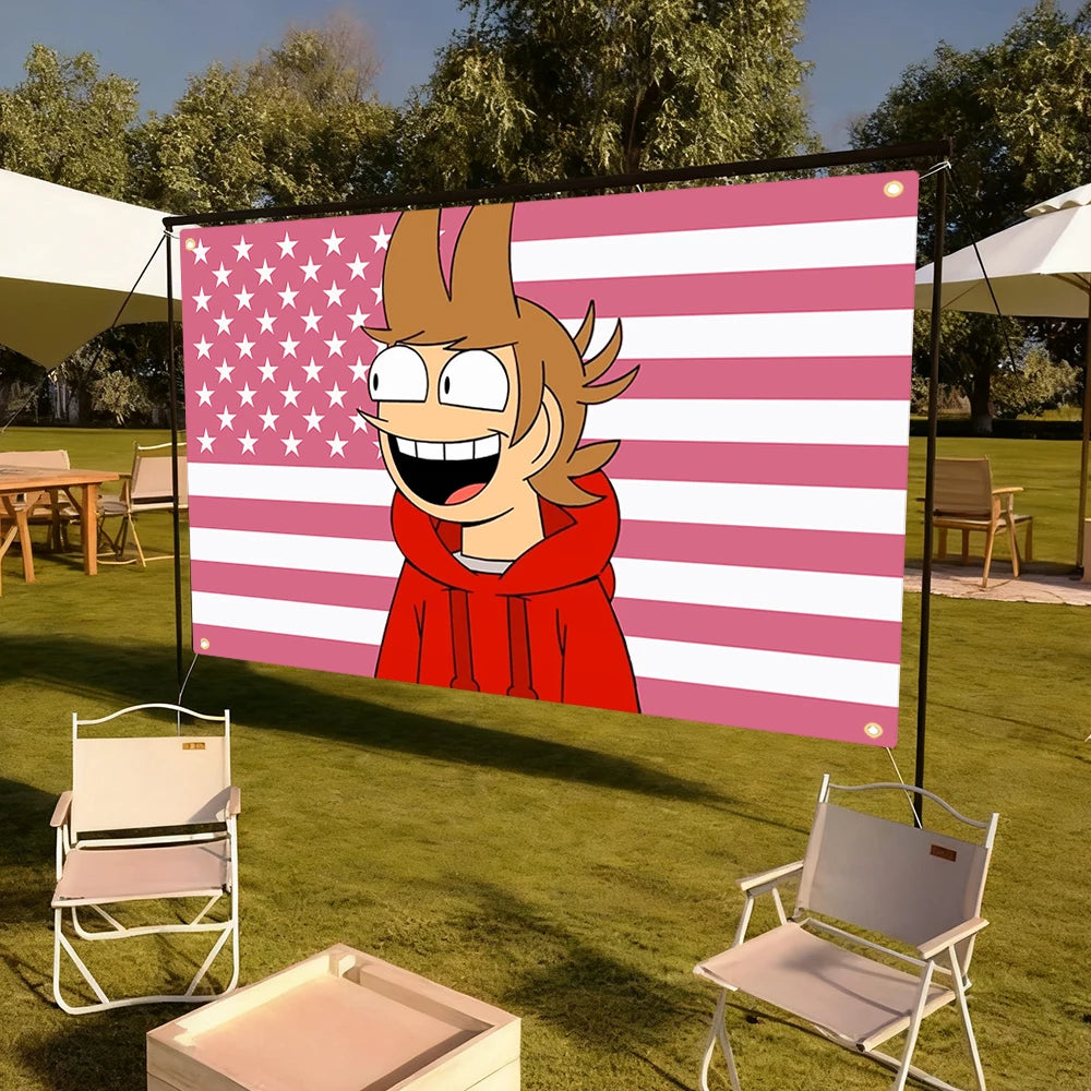 Großes Banner mit stilisiertem Anime-Charakter im Design der amerikanischen Flagge, draußen dargestellt.