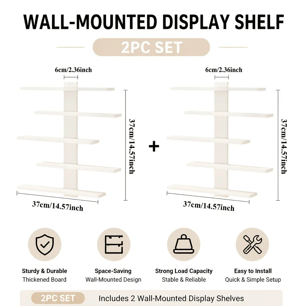 A set of two white wall-mounted display shelves shown with dimensions and installation details.