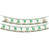 A banner decoration set spelling out HAPPY BIRTHDAY featuring small pictures of jungle safari animals and characters.