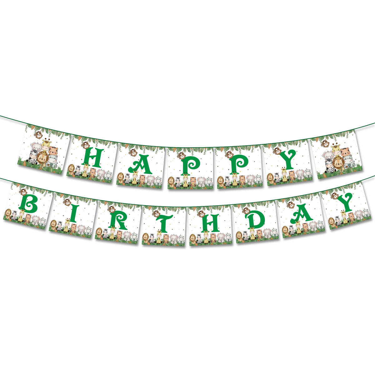 A banner decoration set spelling out HAPPY BIRTHDAY featuring small pictures of jungle safari animals and characters.